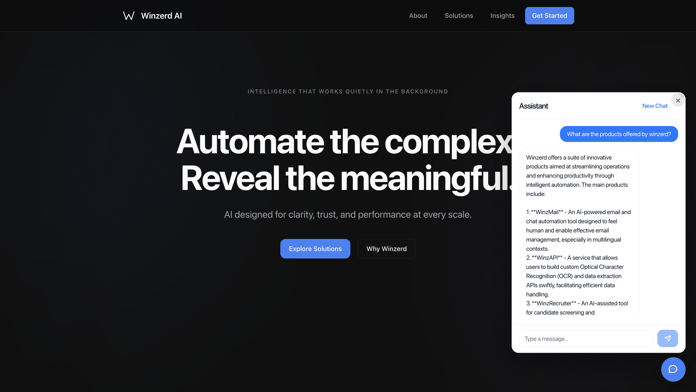 WinzMail website chatbot screenshot